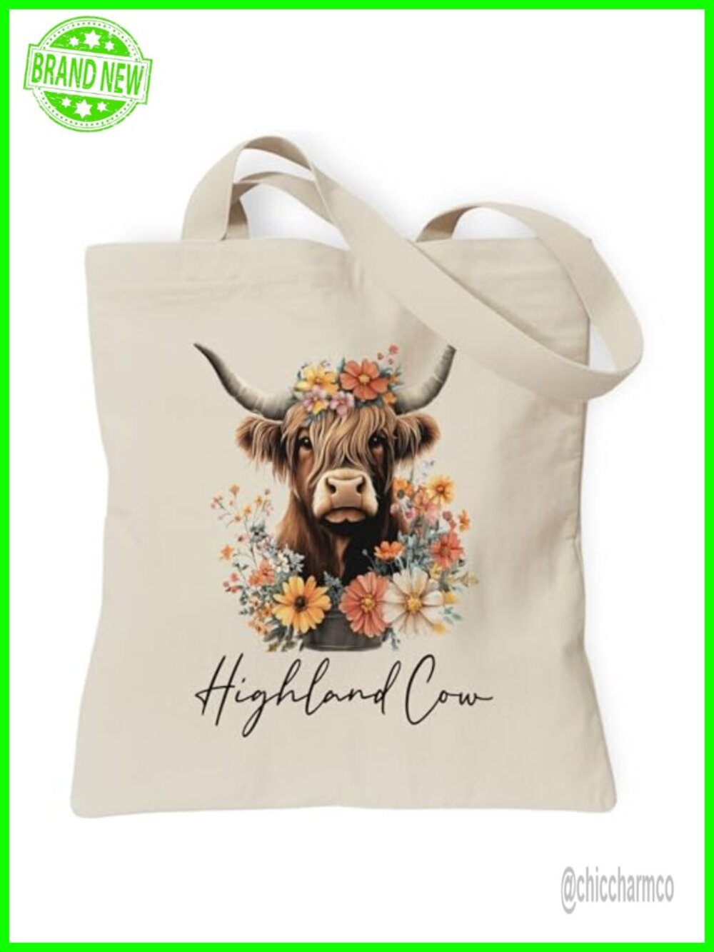 Canvas Tote Bag Highland Cow Floral Women Reusable Shoulder Bag